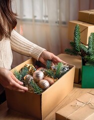 woman unpacking boxes with Christmas decorations 