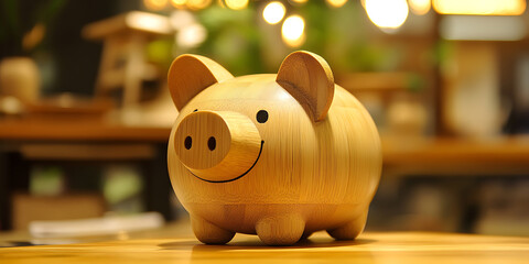 Obraz premium A wooden piggy bank sits on a wooden table. The piggy bank is smiling and has a slot in the top for coins. The background is out of focus.