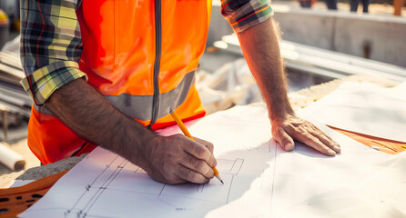 Construction worker planning on site with blueprints. Generative AI image