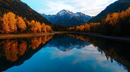 Fototapeta premium The autumn reflection shimmers in the tranquil mountain lake, mirroring the season's beauty.