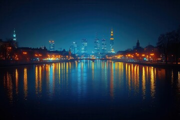 Obraz premium breathtaking night view of warsaw skyline illuminated buildings reflecting in river city lights create magical urban landscape