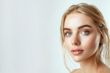 Fototapeta premium Serene beauty of a young blonde woman with blue eyes. Generative AI image