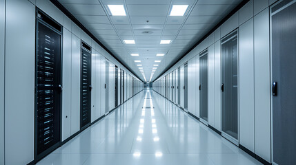 Modern data center corridor with server racks. Generative AI image