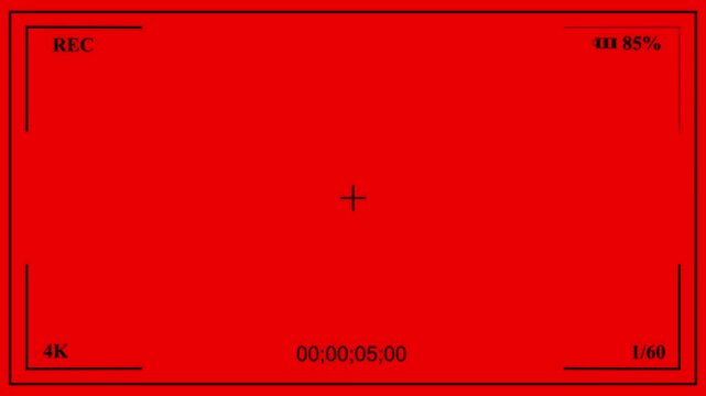 Cinematic camcorder, recorder. Viewfinder with red screen, alpha channel. Recording concept with timecode.  Red screen of camcorder filming with timer, flashing and battery life