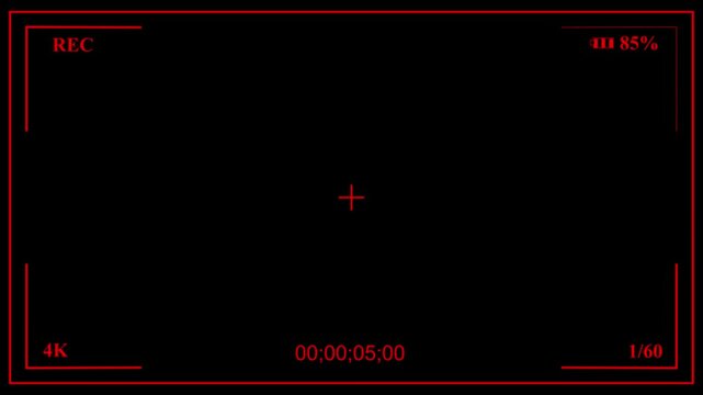 Cinematic camcorder, recorder. Viewfinder with Black screen, alpha channel. Recording concept with timecode.  Black screen of camcorder filming with timer, flashing and battery life