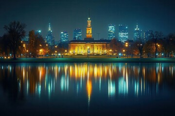 Obraz premium breathtaking night view of warsaw skyline illuminated buildings reflecting in river city lights create magical urban landscape