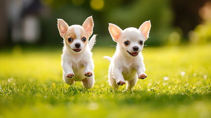 2. Two short-haired Chihuahua puppies running on a bright green lawn, their small bodies moving quickly and energetically, enjoying a sunny day outdoors 