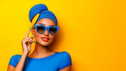 A woman in a blue turban and shirt stands out against a vibrant yellow background.