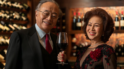 Elegant asian senior couple enjoying wine in a luxury cellar. Generative AI image