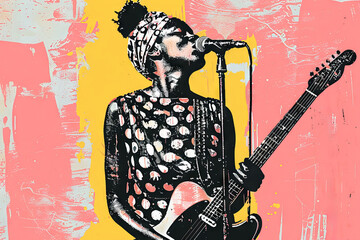 Pop art portrait of a singer with electric guitar. Generative AI image