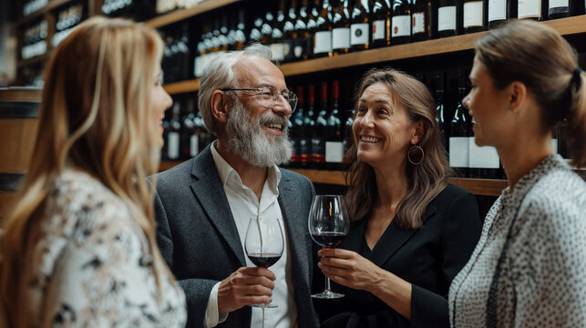 Middle aged friends enjoying wine tasting in a cozy cellar. Generative AI image