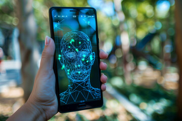 Hand holding smartphone showing face recognition technology. Generative AI image