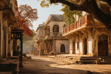 Tranquil morning in an old Indian street. Generative AI image