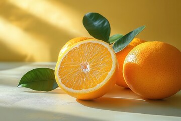 bright yellow background showcasing fresh oranges with glossy leaves minimalist fruit still life with bold color contrast and clean composition