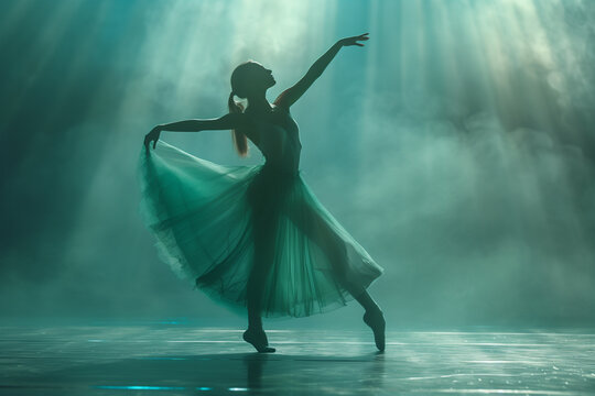Graceful ballerina performing on misty stage. Generative AI image