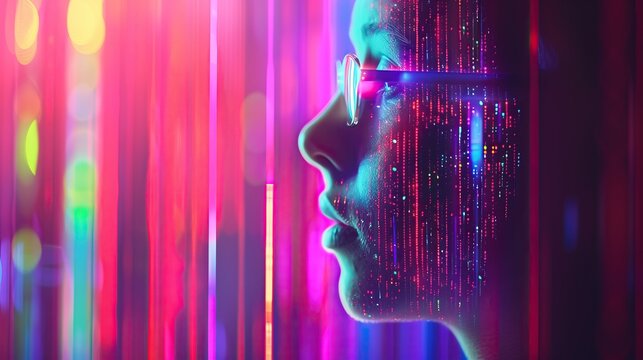 abstract women face is illuminated by neon light technology virtual reality metaverse