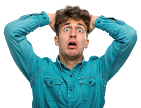 Worried man with blue shirt portrait adult photo.