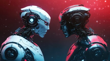 Two futuristic opposite ai robots. Battle of good and bad artificial intelligence robot