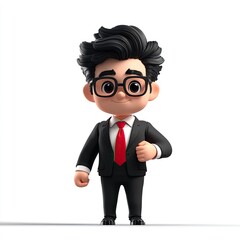 A cheerful cartoon businessman character with glasses standing confidently in a suit, isolated on a white background.