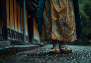 Fototapeta premium AI Image. Legs of geisha wearing traditional wooden clogs on a street