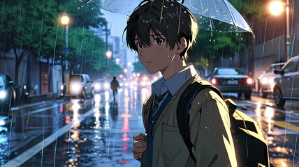 anime handsome boy going to school in the rain.