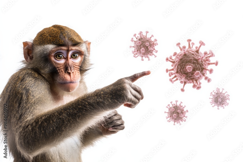 Poster A monkey pointing at virus particles in a digital illustration, representing the linkage between primate behavior and viral infection studies in scientific research.