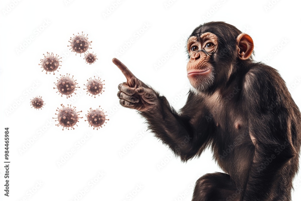 Poster a chimpanzee pointing at several virus-like illustrations, highlighting the connection between prima