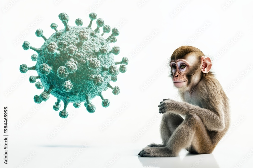 Poster A seated monkey looking towards a large, digitally illustrated virus model, demonstrating the interplay between primates and virus research in a visual representation.
