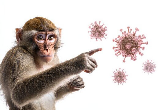 A monkey pointing at virus particles in a digital illustration, representing the linkage between primate behavior and viral infection studies in scientific research.