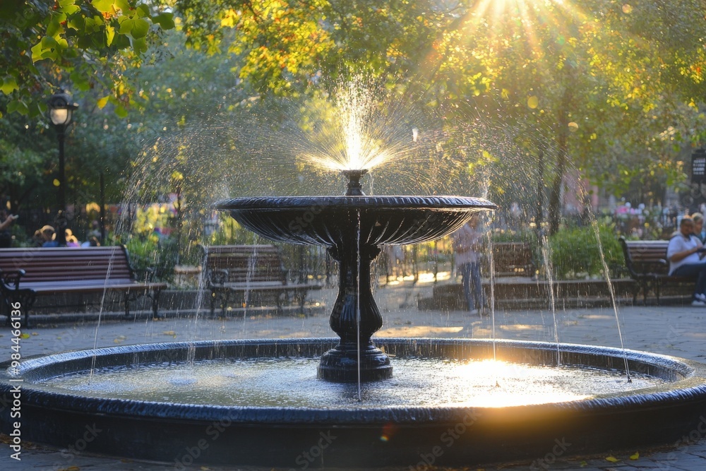 Aufkleber a serene park scene featuring a detailed black fountain with water spraying out, bathed in sunlight 