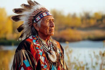 An individual in vibrant traditional attire and decorated with feathers stands near a calm water body, reflecting a rich cultural heritage and beautiful craftsmanship in evening light.