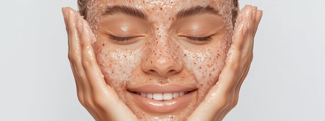 Portrait of a beautiful young cheerful smiling woman with swarthy skin applying a natural coffee mask to her face with her hands.