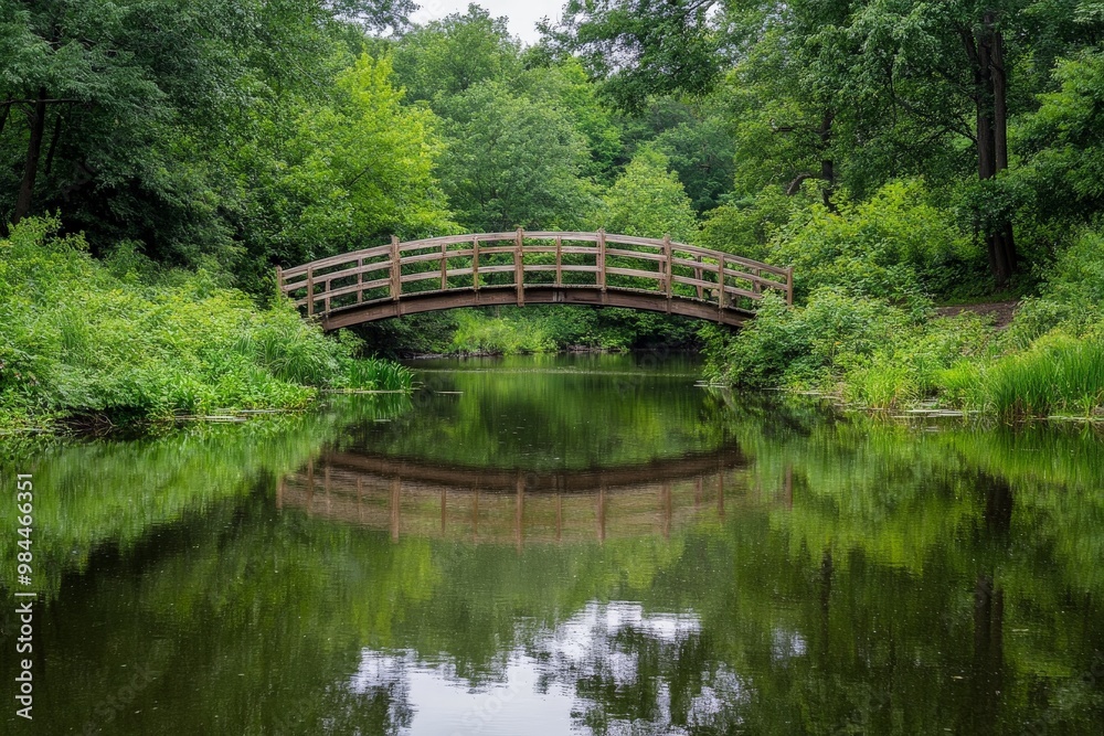 Poster A wooden bridge arches over a calm river enveloped by lush green foliage and trees, creating a serene and peaceful natural scene in the heart of a forest.