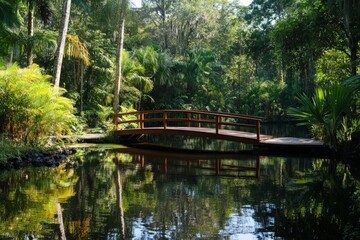 A captivating park view with a distinctive red wooden bridge spanning a still stream, surrounded by dense greenery and reflected on the serene water surface.