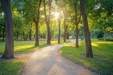 A beautiful park path illuminated by the sun, flanked by tall trees and clear skies. The serene environment invites nature walks and peaceful moments.