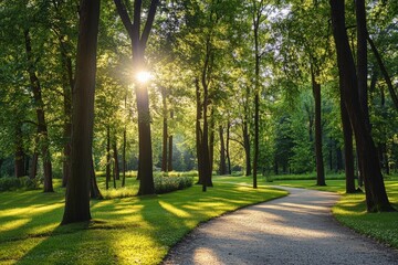 Obraz premium A sunlit curved path winds through a green park, with sunlight filtering through the trees and casting long shadows, creating a peaceful and scenic environment for leisurely walks.