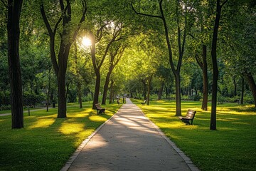A sunlit pathway extends through a tranquil park, surrounded by lush greenery and flanked by benches. The peaceful setting invites relaxation and enjoyment of nature.