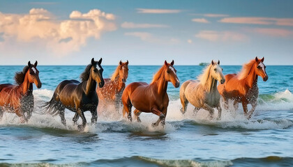 Obraz premium A herd of horses are walking and running on the seashore.