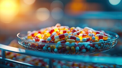 Obraz premium Colorful capsules and pills arranged in a decorative glass dish.