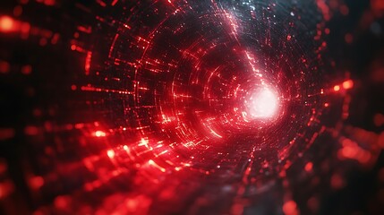 A 3D digital tunnel with sharp red geometric lines forming a web of interconnected paths, giving a sense of depth and endless possibilities within the cyber world. 4k
