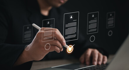 Human Resource Management (HR) concept: a businessman uses an interface for recruitment, leadership development, strategic customer targeting, company positions with precision and efficiency.	