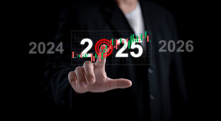 A businessman utilizes a futuristic interface to forecast 2025 financial trends and stock market growth, analyzing data for strategic investment decisions and market insights.