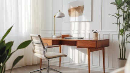 A mid-century interior workspace features a brown wooden desk, a modern lamp, and decorative plants, creating an inviting environment