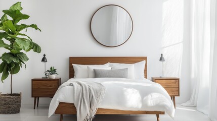 This mid-century bedroom showcases simplicity with a wooden bed frame, decorative plants, and ample natural light enhancing the space