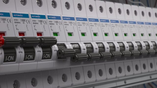 Electrical circuit breakers in fuse box. Electricity power switch on off. 3d animation