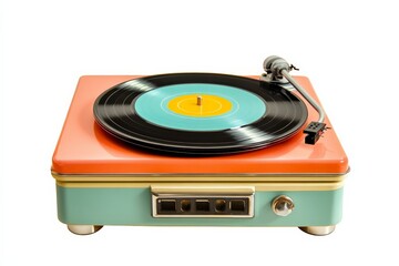 A retro-styled turntable with an orange and teal vinyl record, featuring golden accents and a beige and aqua base, photographed against a white background.