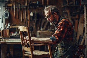 An elderly craftsman intently working on a wooden chair within his well-equipped workshop, epitomizing patience, expertise, and a lifelong devotion to craftsmanship.