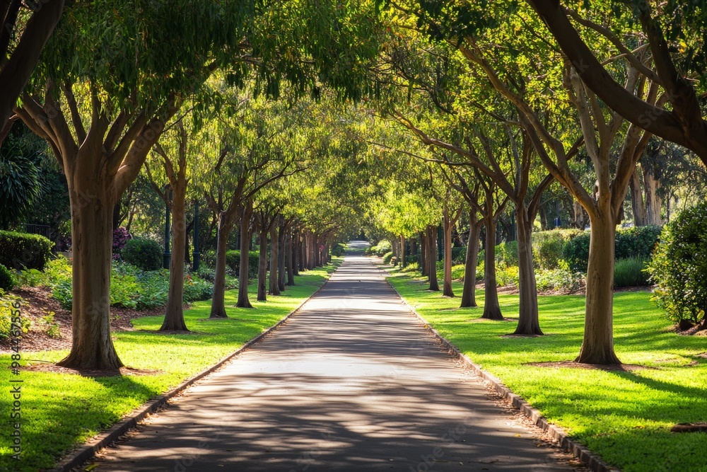 Poster A serene, sunlit path flanked by trees and lush greenery, creating a tranquil and inviting nature walkway perfect for a peaceful stroll or a scenic walk.