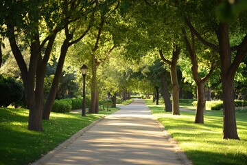 Fototapeta premium A serene parkway adorned with lush green trees and classic lamp posts, creating a picturesque setting perfect for a leisurely walk, relaxation, or peaceful contemplation.