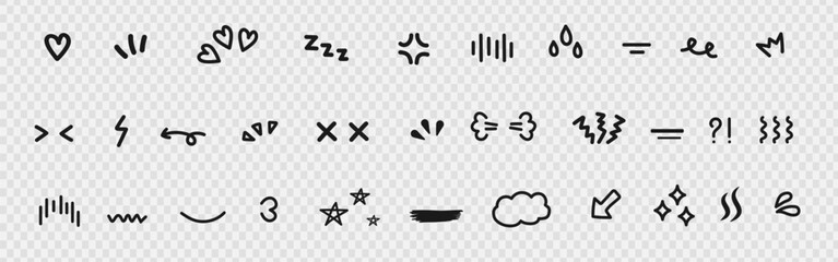 Cartoon emotion effect. Comic emoji. Hand drawn cute. Cute scribble. Sketch emotion. 